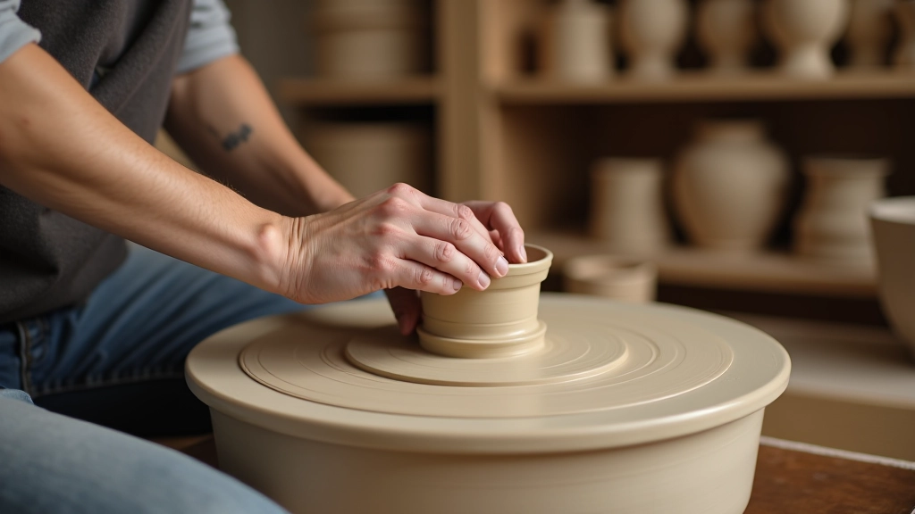 Artist hands shaping clay on pottery wheel in workshop with natural lighting and clay dust