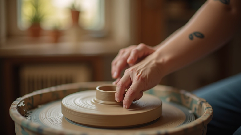 Person working on pottery wheel in craft studio