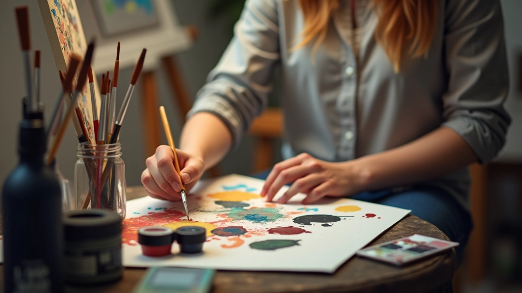Artist's palette with vibrant acrylic paints, brushes standing in jars, canvas with work in progress, natural studio light