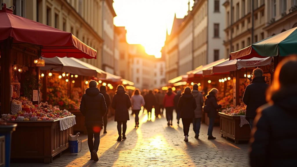Outdoor market in Vilnius Old Town during golden hour, colorful vendor stalls, people browsing crafts