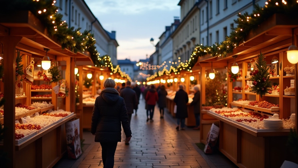 Festive Christmas market in Vilnius with decorated stalls, wooden ornaments and crafts, holiday lights and decorations, shoppers browsing