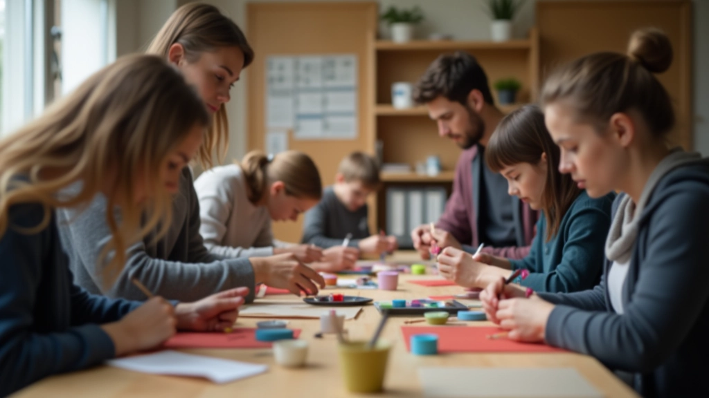 Group of diverse beginners in craft studio, working at tables with materials, instructor demonstrating technique, collaborative learning environment