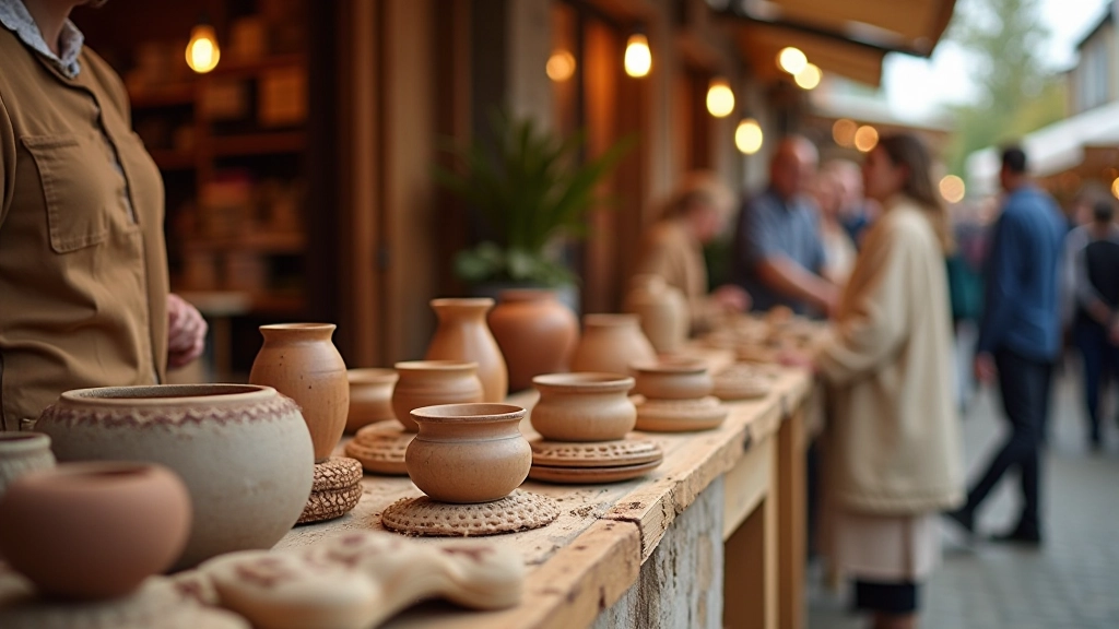 Close-up of handcrafted items at market stall including woven textiles, pottery pieces, and wooden crafts with price tags