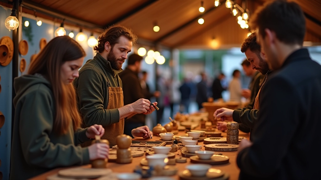 Vendor stall at Vilnius market with handcrafted wooden bowls, ceramics, and traditional Lithuanian crafts arranged for display