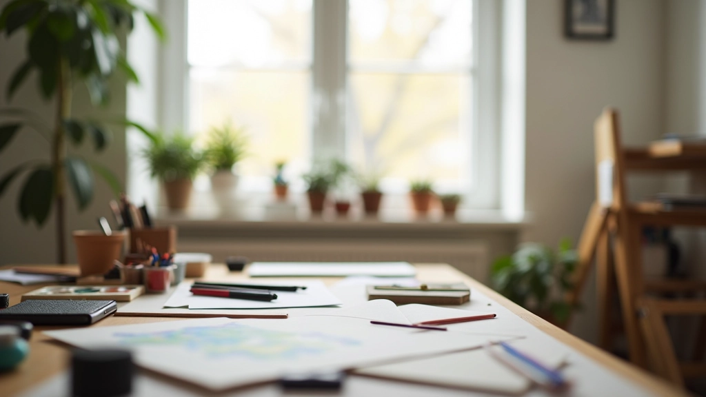 Person exploring creative workspace with art supplies, natural light from large windows, inspiring creative environment