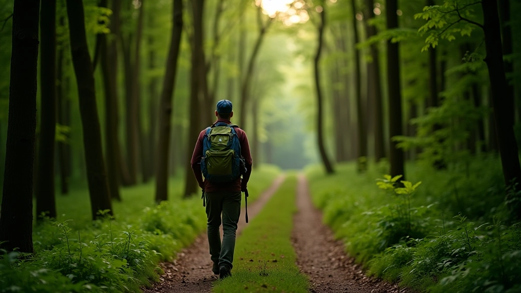 Person hiking on forest trail in Kernave area with green trees and natural landscape