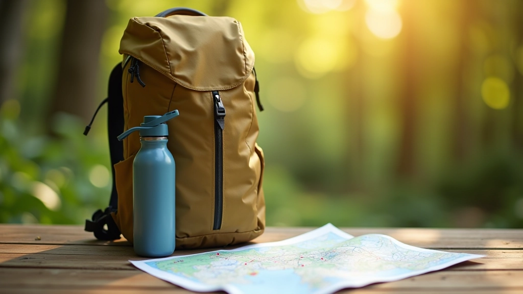 Backpack with water bottle and map laid out on wooden table in natural lighting