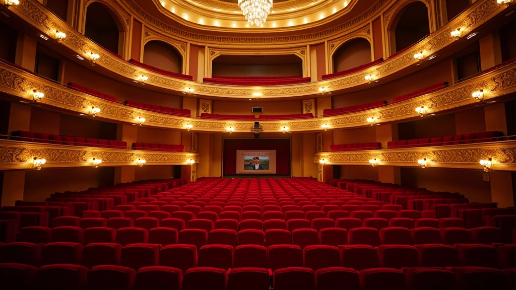 Interior of historic theater with ornate balconies, red velvet seats, and warm lighting from stage lamps