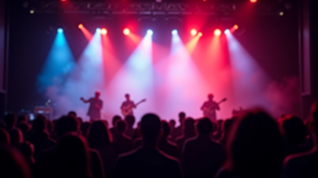 Concert stage with colorful stage lighting, musicians performing with instruments, crowd in foreground enjoying live music