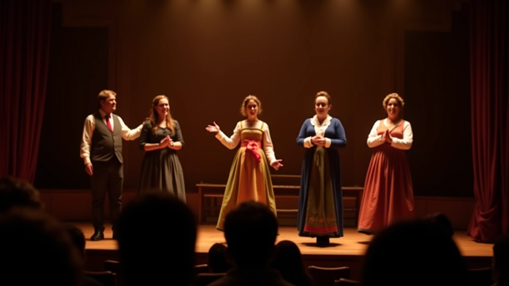 Live theater performance on stage with actors and dramatic stage lighting in cultural venue