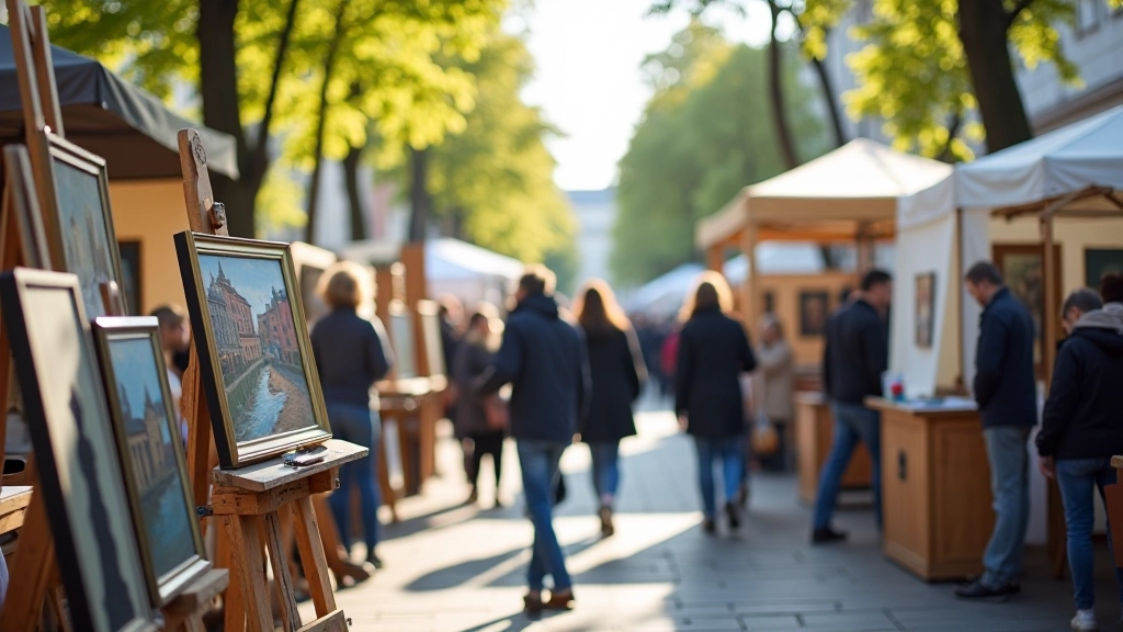 Artists displaying colorful paintings and sculptures at Užupis art fair, outdoor gallery setting with creative crowd browsing