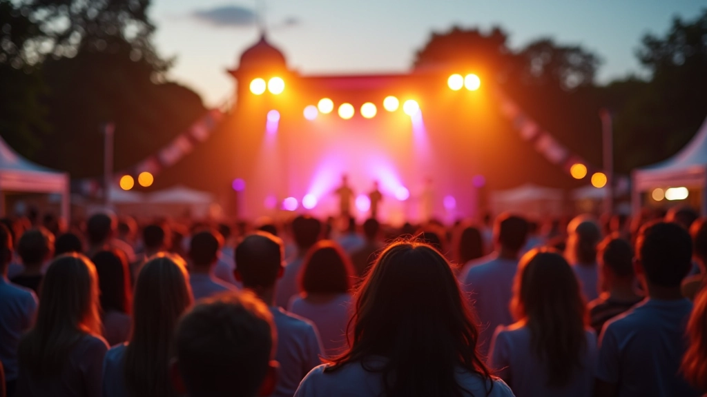 Outdoor cultural festival with crowds of people watching performers on stage, decorated venue with lights, summer evening atmosphere