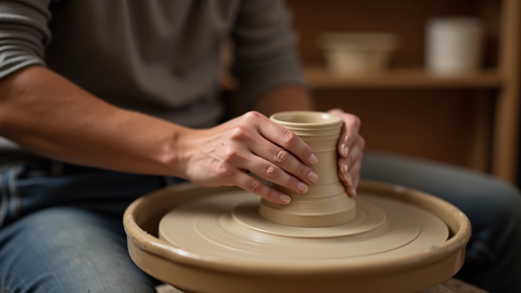 Close-up of hands centering clay on pottery wheel, clay dust in air, focused expression, pottery studio with finished vessels visible on shelves