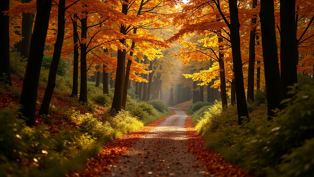 Forest landscape showing autumn foliage with golden and orange tree colors, hiking path visible through woods