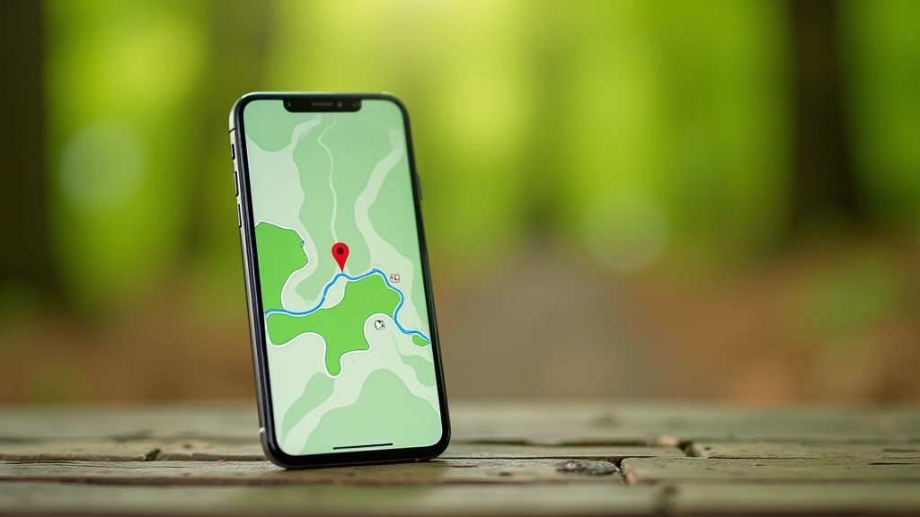 Smartphone displaying hiking app with map and trail route information, sitting on outdoor surface with trees in background