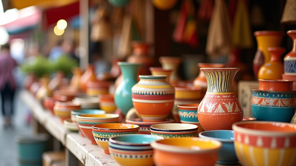 Colorful pottery and craft items at a local market