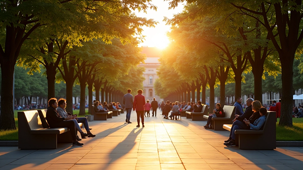 Vibrant outdoor leisure space with people enjoying activities in Vilnius, trees and outdoor seating