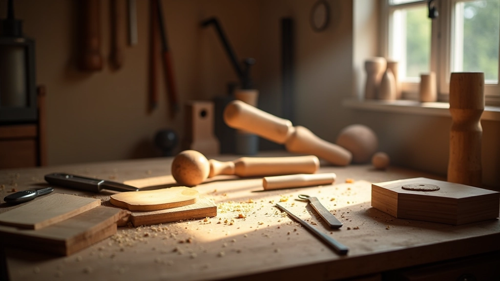 Wooden workbench with hand tools, wood pieces, measuring tools, wood shavings, organized workshop environment with natural light