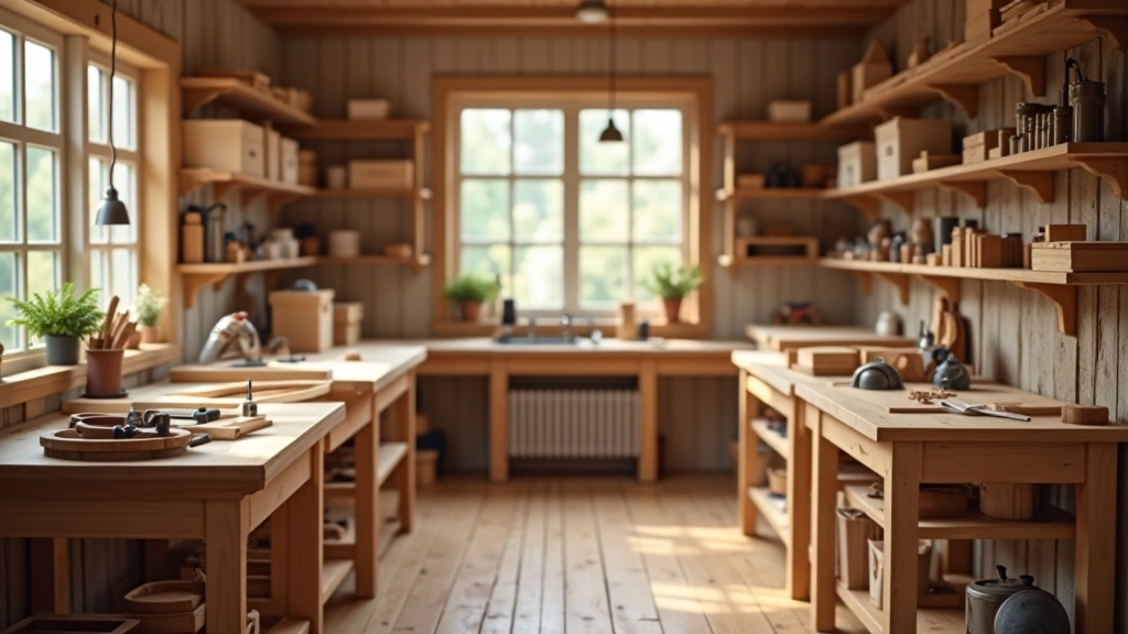 Wooden workshop studio space with tools organized on walls, natural light from large windows, workbenches with wood samples and hand tools
